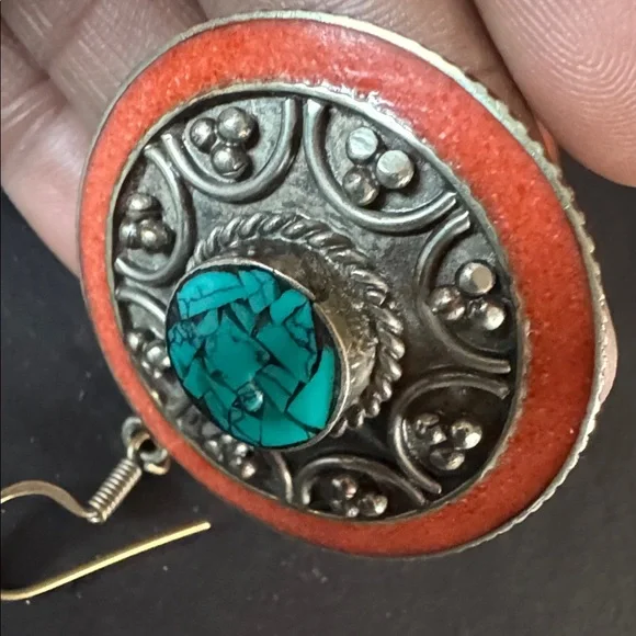 Nepalese Coral and Turquoise Boho Earrings - Picture 12 of 13